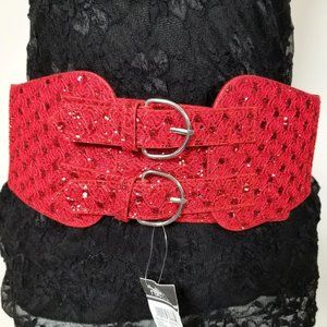 Red Wide Stretch Belt Glitter Bling Double Strap M L 32" to 34" Goth Alt Punk
